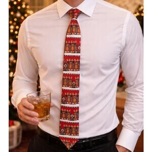 John Ashford Christmas tie reindeer theme holiday novelty red festive necktie